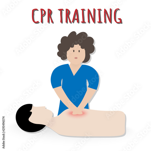 Woman Rescue Paramedic First Aid Emergency Training with CPR Dummy Automated External Defibrillator (AED) Infographic Vector
