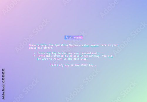 Blue screen with operating system error message and vaporwave glitch style