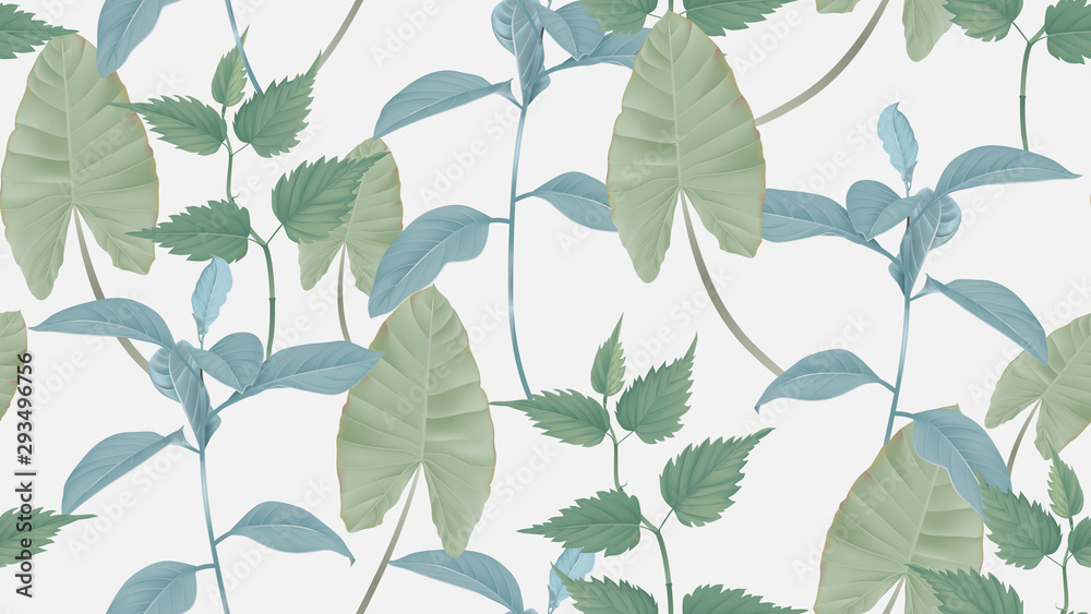 Foliage seamless pattern, various leaves in green on light grey, pastel vintage theme Foliage seamless pattern, various leaves in green on light grey, pastel vintage theme