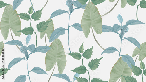 Foliage seamless pattern, various leaves in green on light grey, pastel vintage theme