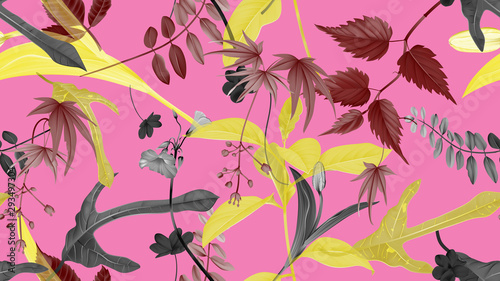 Flowers and foliage seamless pattern, various leaves and flowers in yellow, dark red and black on pink