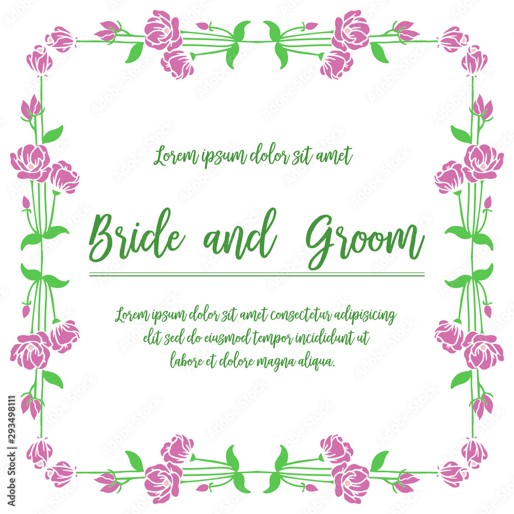 Template for text bride and groom, with ornament of purple flower frame. Vector