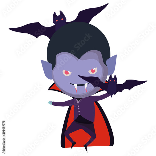 cute little boy with dracula costume and bats flying