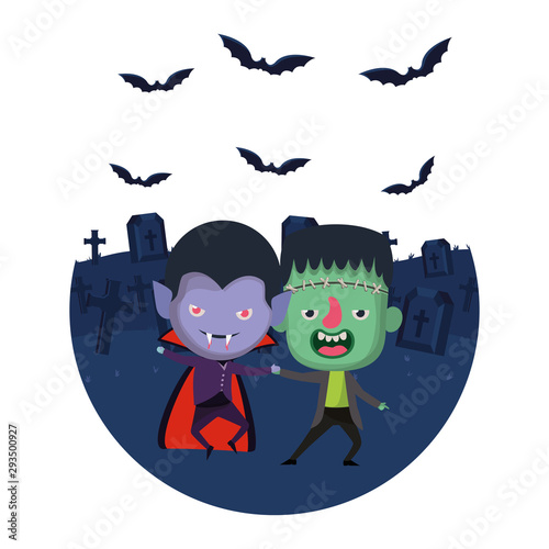 cute little boy with dracula costume in dark cemetery scene