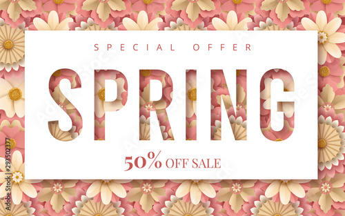 Spring sale vector banner design with flowers. Vector illustration