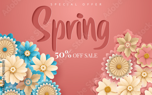 Spring sale vector banner design with flowers. Vector illustration