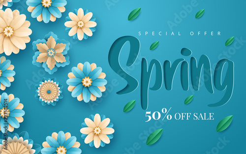 Spring sale vector banner design with flowers. Vector illustration