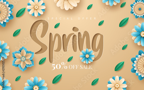 Spring banner with paper flowers for online shopping, advertising actions, magazines and websites. Vector illustration