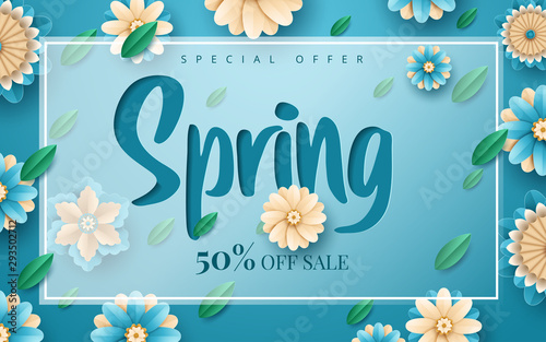 Spring banner with paper flowers for online shopping, advertising actions, magazines and websites. Vector illustration