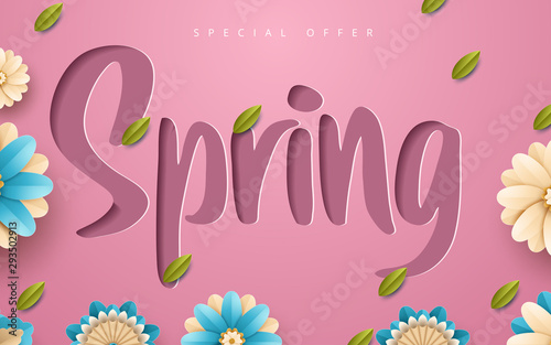 Spring banner with paper flowers for online shopping, advertising actions, magazines and websites. Vector illustration