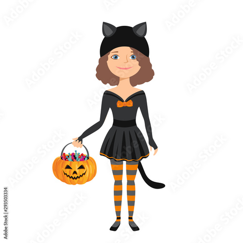 Little girl in halloween black cat costume isolated on white background. Child holds pumpkin basket with sweets. Vector illustration of cute kid character in cartoon simple flat style.