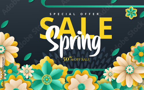 Spring banner with paper flowers for online shopping, advertising actions, magazines and websites. Vector illustration