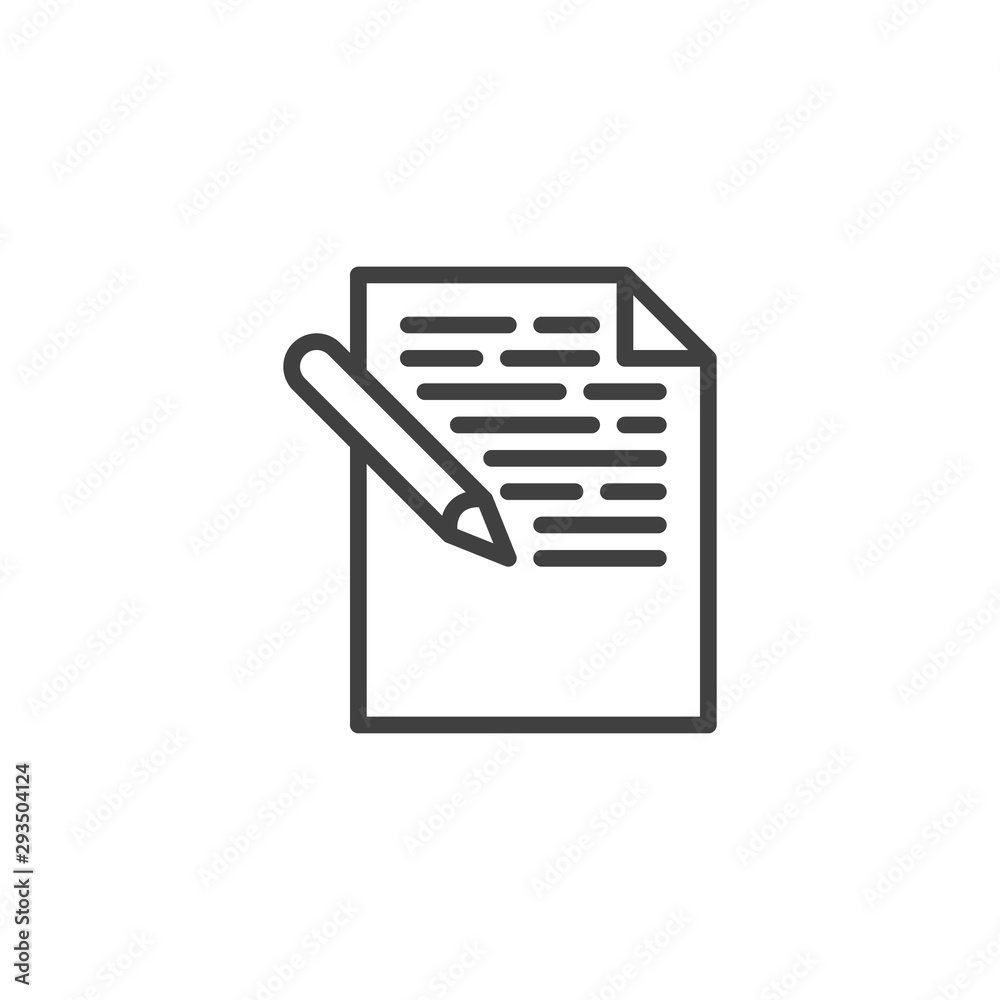 Writing document line icon. Paper page with pen linear style sign for mobile concept and web design. Document edit outline vector icon. Symbol, logo illustration. Vector graphics Writing document line icon. Paper page with pen linear style sign for mobile concept and web design. Document edit outline vector icon. Symbol, logo illustration. Vector graphics