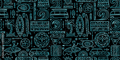 Surfing seamless pattern. Tribal elements for your design