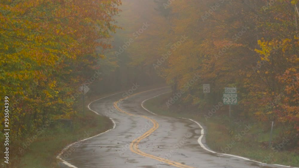 Windy rural VT backroad, fall foliage and fog, tripod static