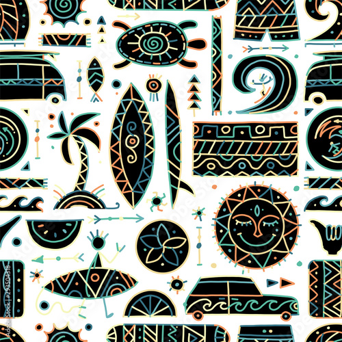 Surfing seamless pattern. Tribal elements for your design