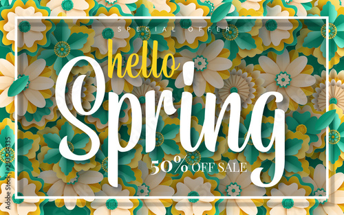 Spring banner with paper flowers for online shopping, advertising actions, magazines and websites. Vector illustration