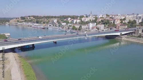 Orbiting 4k aerial shot of Branko bridge and river in Belgrade city centre photo