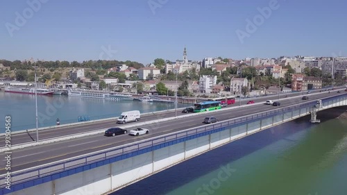 Incredible slow 4k opening shot of Branko bridge and Belgrade downtown on rivers photo