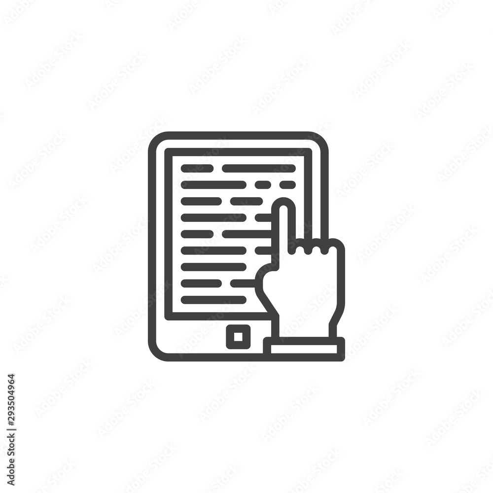 Ebook reading line icon. E-learning linear style sign for mobile concept and web design. E-book reader tablet and hand outline vector icon. Symbol, logo illustration. Vector graphics