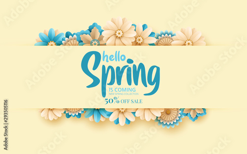 Spring sale. Bright advertising background with flowers, text. The effect of cut paper. Season discount banner design. Vector illustration