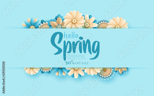 Spring banner with paper flowers for online shopping, advertising actions, magazines and websites. Vector illustration