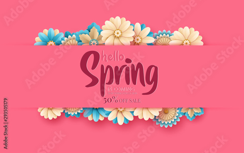 Spring banner with paper flowers for online shopping, advertising actions, magazines and websites. Vector illustration