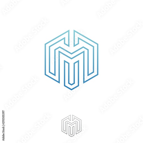Illustration letter M vector shapes hexagon for technology with outline style graphic