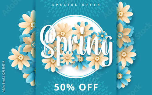 Spring banner with paper flowers for online shopping, advertising actions, magazines and websites. Vector illustration