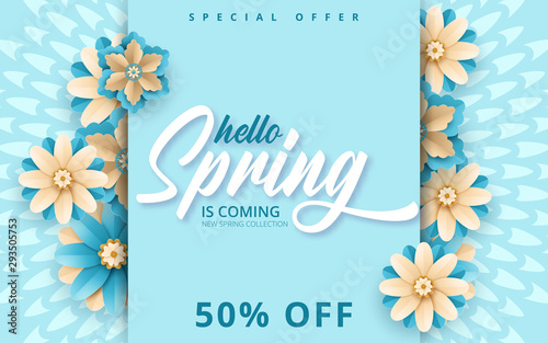 Spring banner with paper flowers for online shopping, advertising actions, magazines and websites. Vector illustration