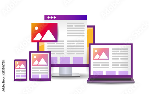 Bright Flat illustration design website. concept cross platform. Vector icons electronic devices. smartphone, tablet, laptop and desktop computer.
