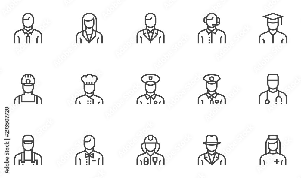 Professions vector line icons set. Human characters, avatars. Cook, doctor, policeman, nurse, fireman, worker. Editable stroke. 48x48 Pixel Perfect. Professions vector line icons set. Human characters, avatars. Cook, doctor, policeman, nurse, fireman, worker. Editable stroke. 48x48 Pixel Perfect.