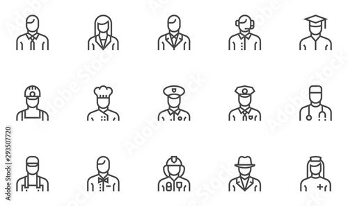 Professions vector line icons set. Human characters, avatars. Cook, doctor, policeman, nurse, fireman, worker. Editable stroke. 48x48 Pixel Perfect.
