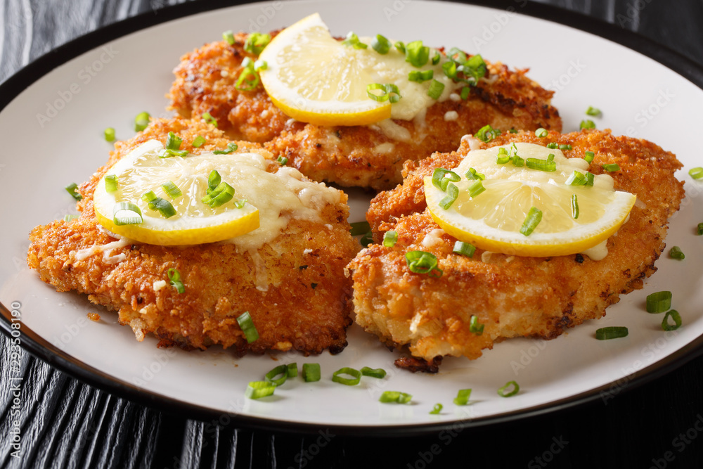 Romano chicken cutlet breaded with lemon and green onion close-up on a plate. horizontal Romano chicken cutlet breaded with lemon and green onion close-up on a plate. horizontal