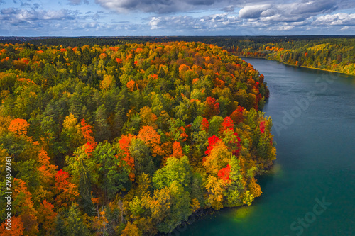 Aerial Drone view of colorful forest and Green lakes