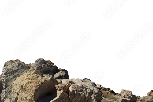 Rock mountain slope foreground close-up isolated on white background. Element for matte painting, copy space. photo