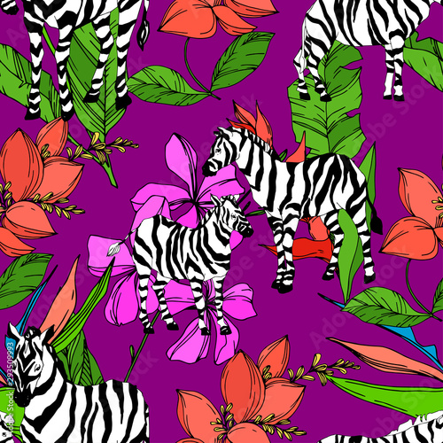 Vector Exotic zebra print wild animal isolated. Black and white engraved ink art. Seamless background pattern.