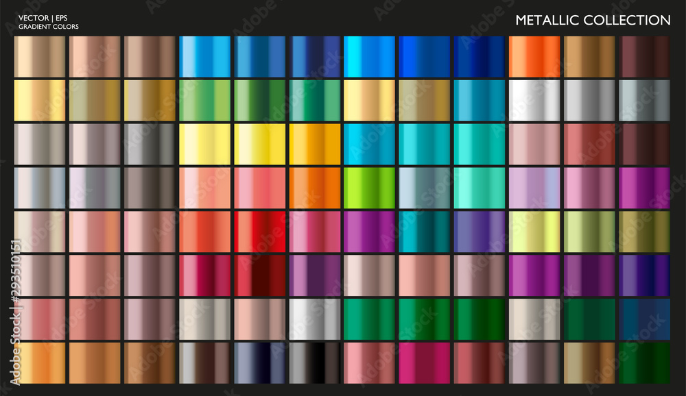 Metal gradient set. Gold, silver, bronze colorful collection. Gradient background template for screen, mobile, banner, label, tag, packaging, print. Vivid color combination.