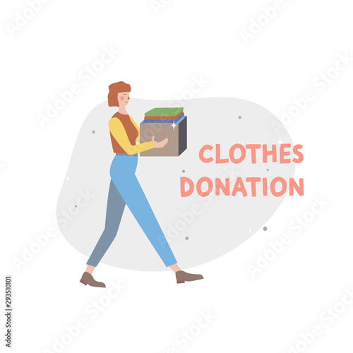 Clothes donation vector design with woman carrying box with clothes