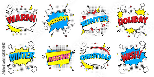 8 Comic Winter Lettering In The Speech Bubbles Comic Style Flat Design. Dynamic Pop Art Vector Illustration Isolated On White Background. Exclamation Concept Of Comic Book Style Pop Art Voice Phrases.
