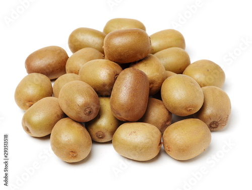 Whole and cut golden kiwifruit  kiwi  Actinidia chinensis  on white background