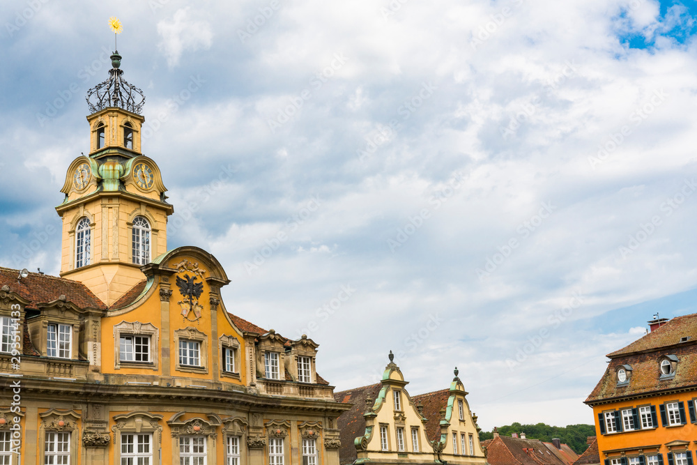 colorful houses and tower of  town hall in Schwabisch Hall, Germany