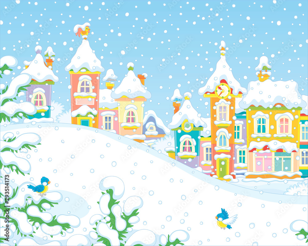 Christmas background with a snow hill in a park and colorful houses of a small toy town on a snowy winter day, vector illustration in a cartoon style