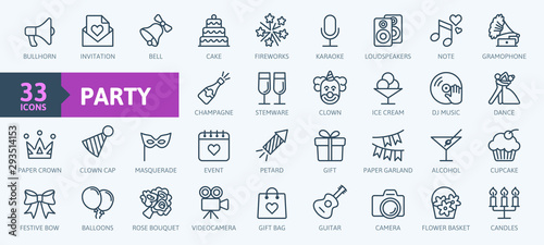 Party, celebration, anniversary elements - thin line web icon set. Outline icons collection. Simple vector illustration.