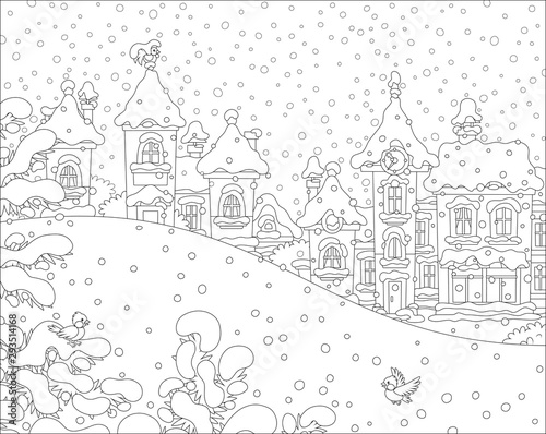 Christmas landscape with a snow hill in a park and houses of a small toy town on a snowy winter day, black and white vector illustration in a cartoon style for a coloring book