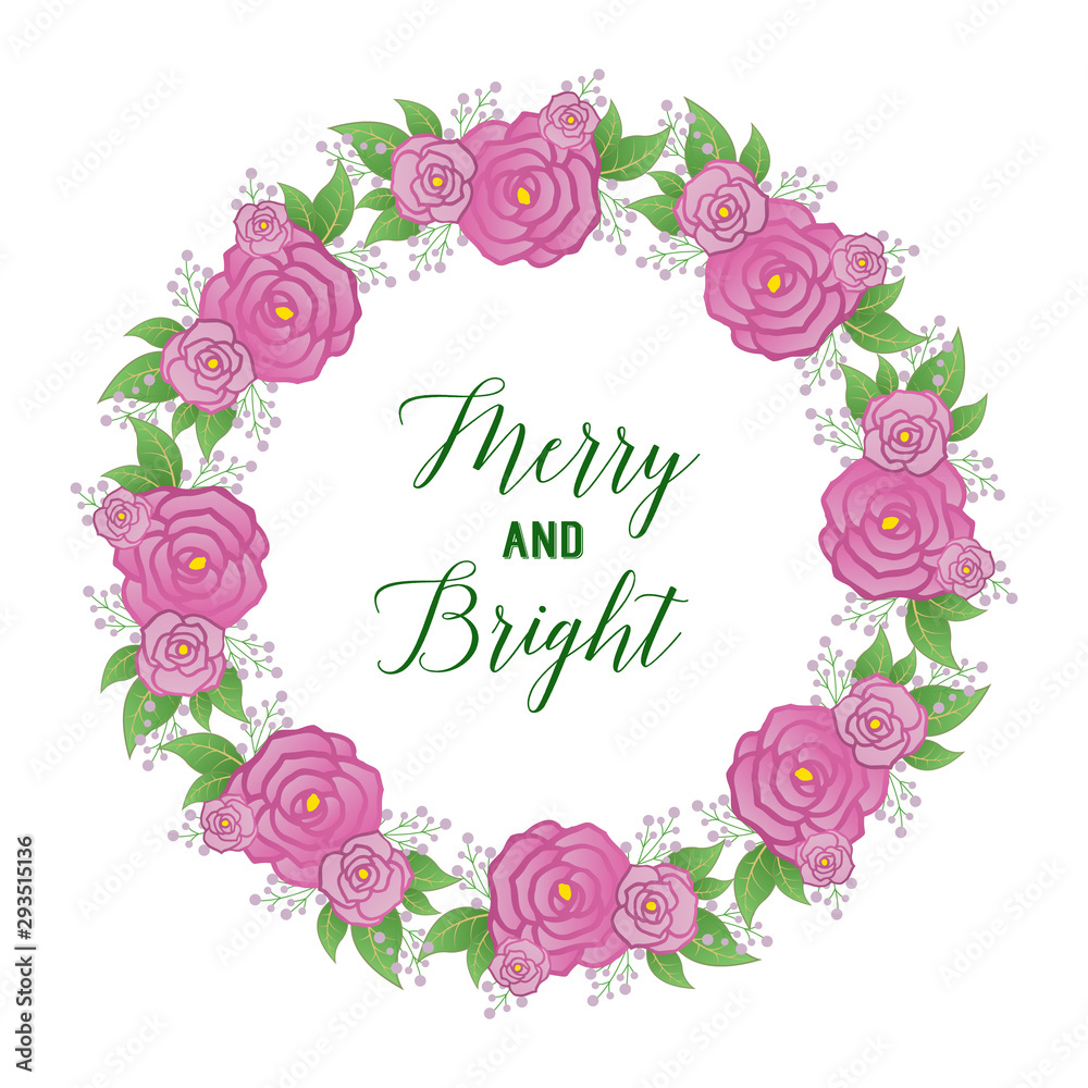 Cute pink rose flower frame background, for lettering of merry and bright. Vector