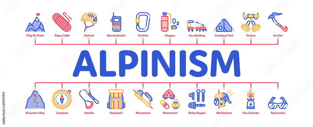 Alpinism Minimal Infographic Web Banner Vector. Compass And Glasses, Mountain Direction And Burner Mountaineering Alpinism Equipment Concept Linear Pictograms. Contour Illustrations