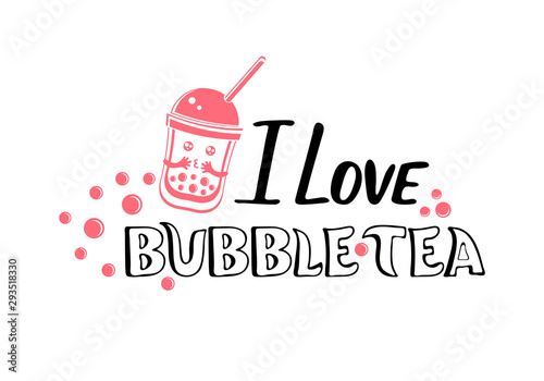 Cute kawaii character black Tapioca pearls and lettering I love Bubble tea. Cartoon vector illustration of ball tapioca or boba. Boba tea, milk tea, Taiwanese drink. Hand drawn Doodle. 
