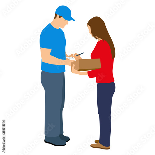 Woman receiving parcel from delivery service courier. Vector illustration isolated on white background