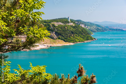 Gulf of Trieste. High cliffs Between boats  karst rocks and ancient castles. Duino. Italy